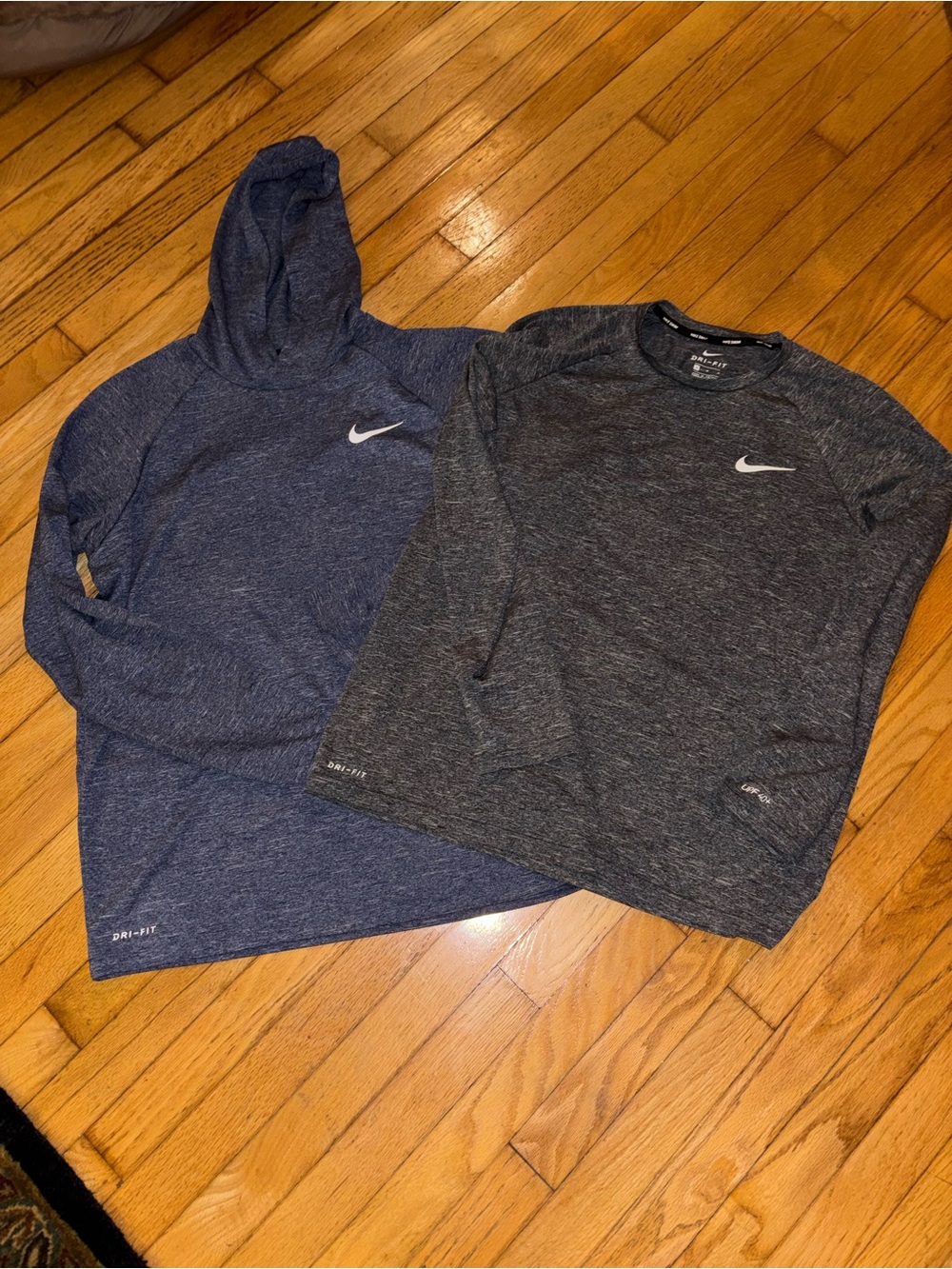 2) Nike Men’s Long-Sleeve Dri-Fit jerseys, Hooded/Navy, Crewneck/Grey